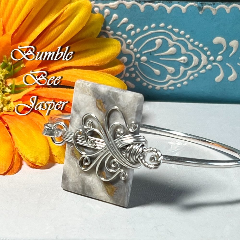 Bumble Bee Jasper Bangle Bracelet Cuff Handmade Gemstone Crystal Wire Wrapped